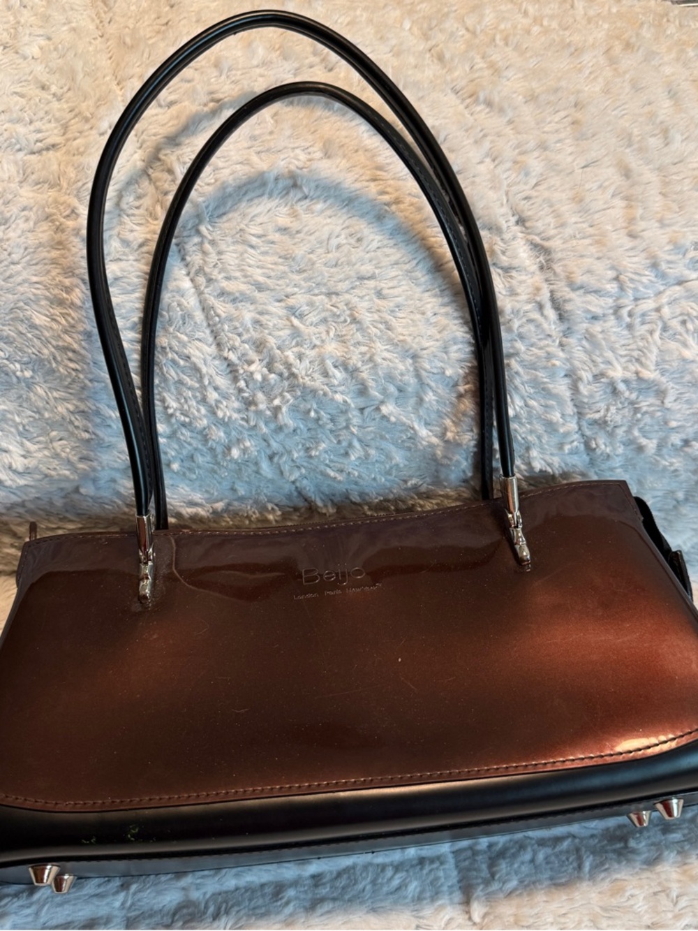 Beijo Brown Glossy Shoulder Bag with Black Handles
